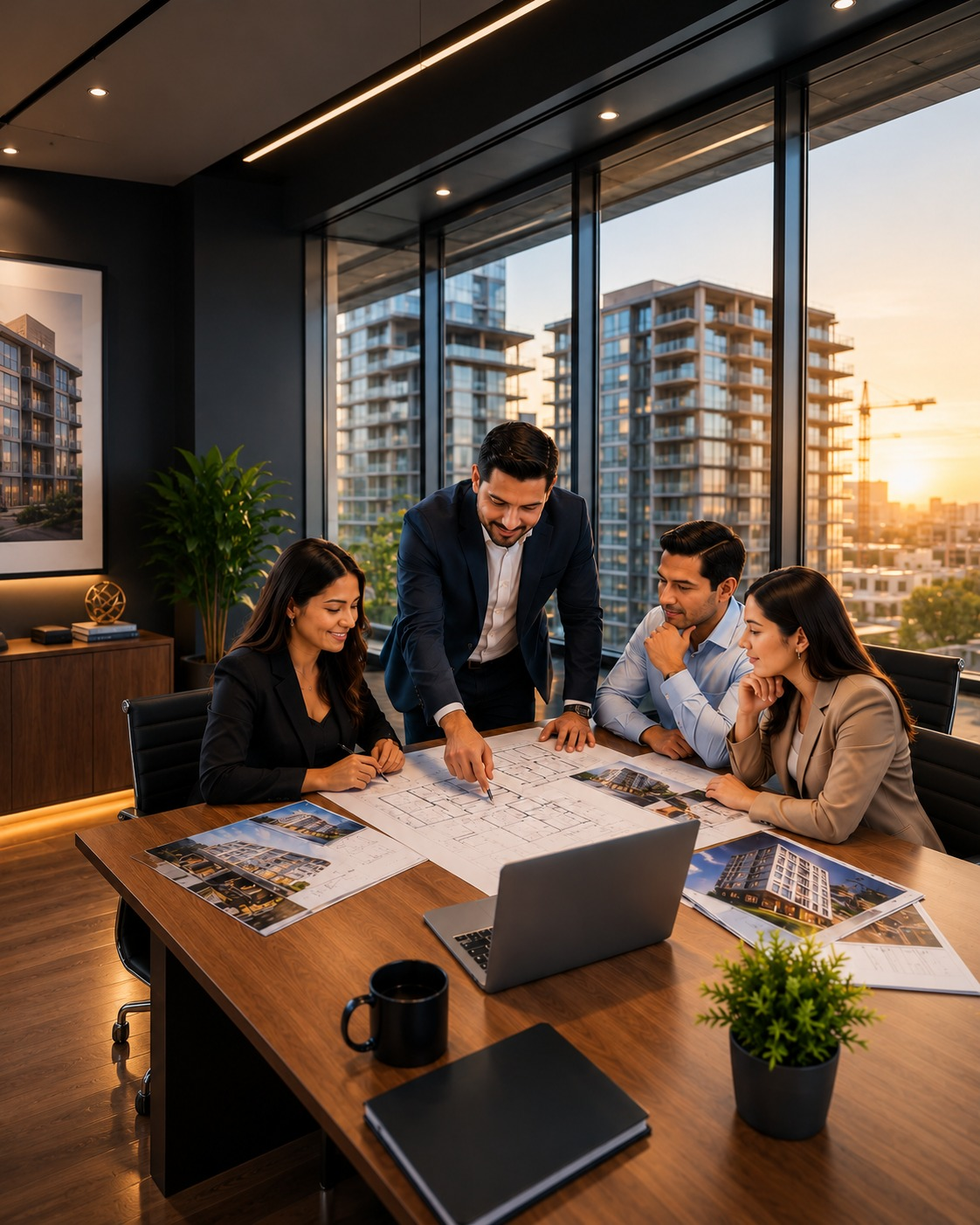 Equipo inmobiliario revisando los planos de un proyecto