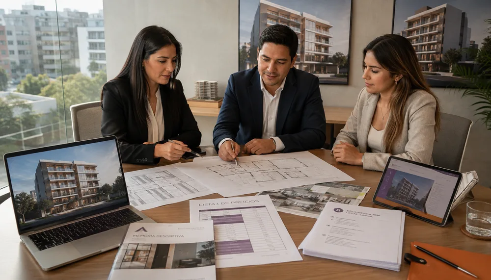 Equipo revisando planos, precios y documentación de un proyecto