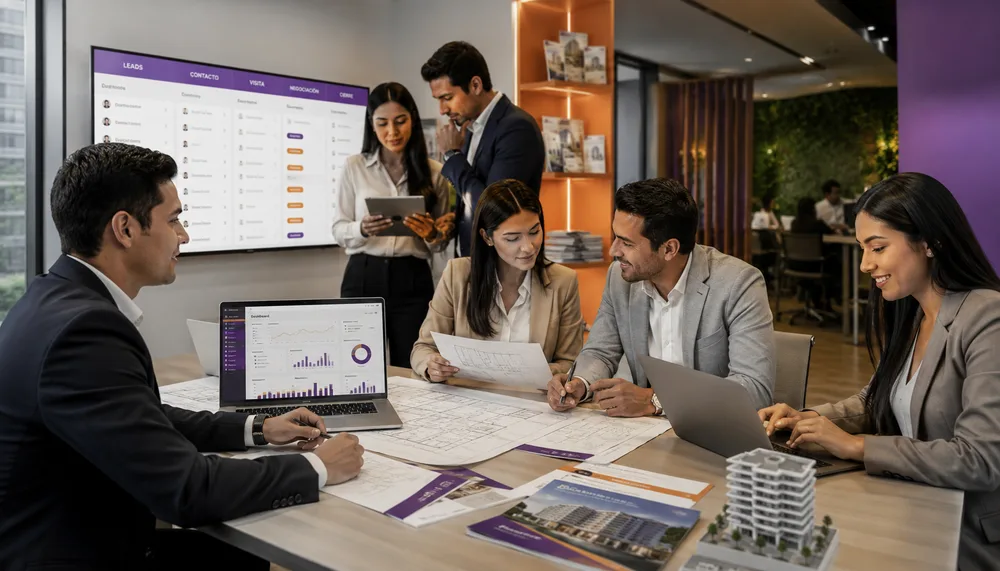 Equipo inmobiliario coordinando captación y ventas