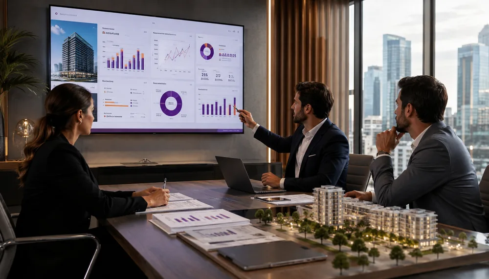 Equipo analizando resultados comerciales de un proyecto inmobiliario