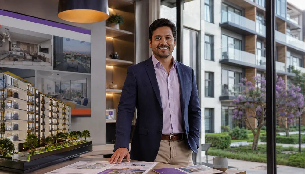 Desarrollador inmobiliario junto a la maqueta de su proyecto